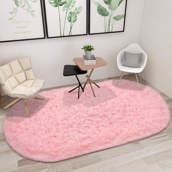 Oval Fluffy Ultra Soft Arealækker til soveværelse Plys Shaggy Tæppe til Børneværelse Sengekantsmåtter, 2,6 x 5,3ft, Pink