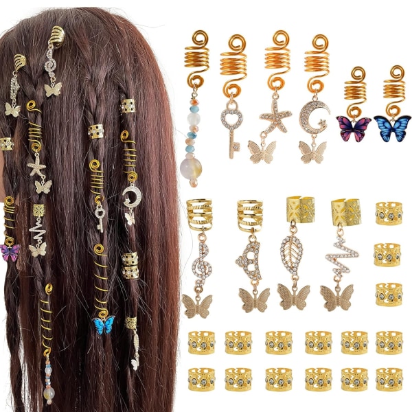 Hårsmycken Dreadlock Accessoarer, Butterfly Hair Charms för flätor, Hårring Hårmanschetter Rhinestone Håraccessoarer (guld, 25 st)