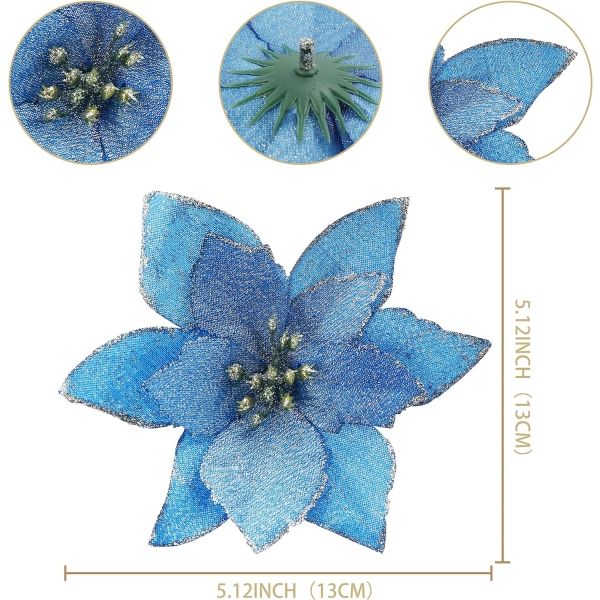 Julstjärna blommor 30 st glitter julstjärna julgransprydnader konstgjorda blommor för julgran 5,12 tum-blå