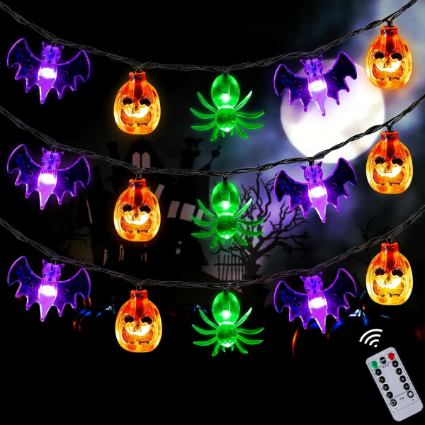 Halloween-lys utendørs innendørs 20FT 30 LED 3D gresskar flaggermus edderkopp Halloween strenglys batteridrevet med timer, 8 lysmoduser vanntett