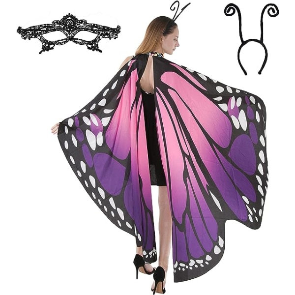 Butterfly Wing Cape-sjal med spetsmask och pannband med svart sammetsantenn