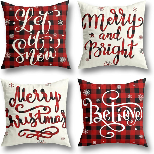 Christmas Decorations Christmas Pillow Covers 18x18 Inches Set of 4 Farmhouse Buffalo Plaid Black and Red Throw Pillow Case Winter Decorations