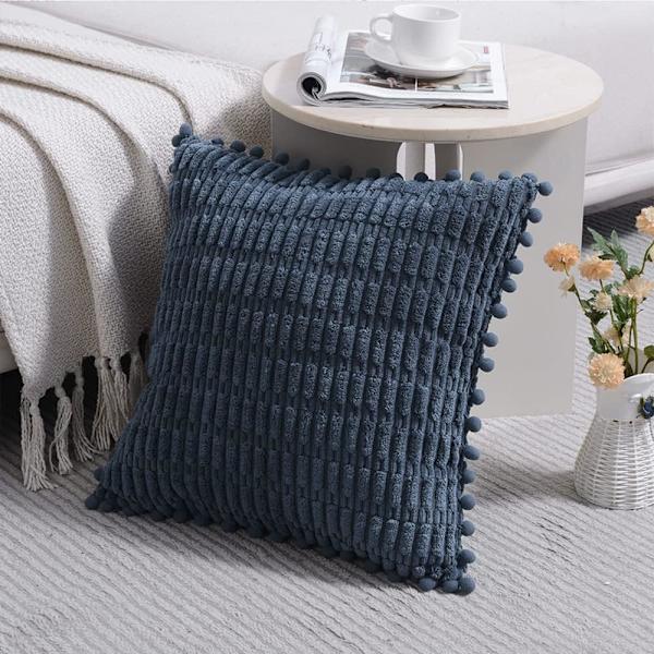 2 poser blå pudebetræk 20x20 tommer, med pompom, egnet til sofa seng stue, blød Corduroy sød firkantet pudebetræk 50x50cm