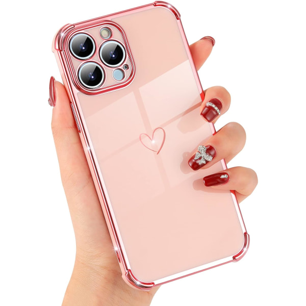 Yhteensopiva iPhone 13 Pro Max case kanssa naisille, Luxury Love Heart Plating -pehmeä TPU-iskunkestävä cover, 4 kulmaa, vaaleanpunainen