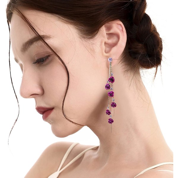 3D Rose Flower Crystal Long Tassel Drop Earrings for Women CZ Rhinestone Rose Fashion Purple Red Long Tassel Dangle Earrings Weddings