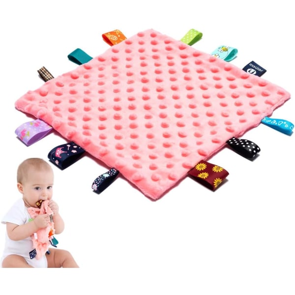 Babymerker sikkerhetstepper - beroligende plysjteppe til baby med fargerike tagger, 10"X10" firkantede sensoriske leker-rosa