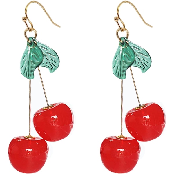 Heyone 18K guldpläterad vintage 3D röd Big Cherry Charm & Gröna Kristallblad Frukt Tofs Kvinnor Krok Dinglar Drop Örhängen för Kvinnor Vänner Tjejer