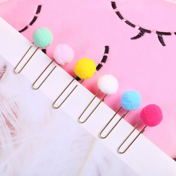 Färgade pappersklämmor 30 st Pompoms Metall Planner Pappersklämmor Plysch Bokmärke för Foton Böcker Anteckningsblock Kort Pappersdekoration