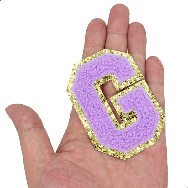 Englannin kirjain G - Silitysmerkit korjauslaastareille Aakkoset Ompelemissovellukset Vaatteiden merkit, Kultaisella glitter-reunuksella, Liima-taustatarra（Violetti G）GPurple