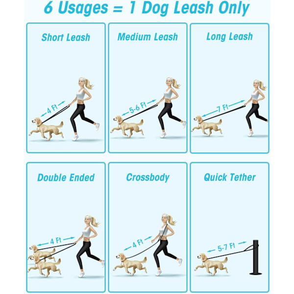 Håndfri hundeline, multifunktionel hundetræningsline, 8ft nylon dobbeltline til hvalpe små mellemstore servicehunde sort