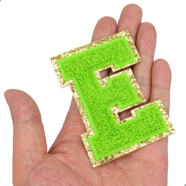Engelska bokstaven E Stryk på reparationslappar Alfabetsömnad Applikationer Klädmärken, med guldglitterkant, självhäftande bakdekal（Grön E）EGrön