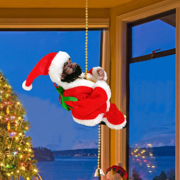 Elektrisk opp og ned klatrende julenissen julepynt med musikk, julenissen dukkeleke for innendørs utendørs (klatreperle svart person)