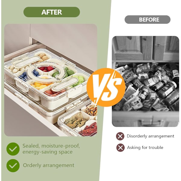 Snackbox med 8 fack med lock - delad matbricka för mat, godis, torkad frukt, nötter och kryddor - Praktisk förvaring för lunch, picknick eller kontor Five grids