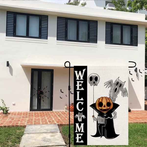 Halloween Velkommen Hageflagg Burlap Dobbeltsidig Vertikal 12×18 Tommers Skummel Hvit Spøkelse Gresskar Yard Decor DF108