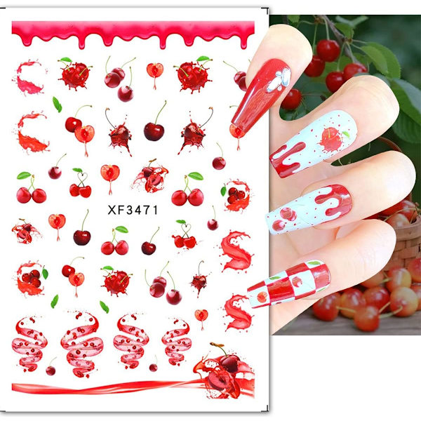 6 Ark Cherry Neglekunst Klistremerker Dekaler Frukt Design Klistremerker Selvklebende Dekaler Cherry Sløyfe Negle Dekaler for Jenter Designer