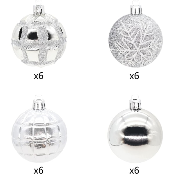 Heyone Julekuler Ornamenter til Juletre 24ct 2.36\"/60mm Uknuselig Plast Julepynt Ball Ferie Bryllupsfest(Sølv)