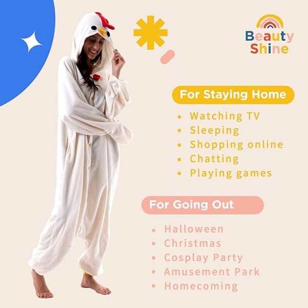 Unisex Voksen Tegneserie Kostume Halloween Jul Nattøj Jumpsuit Onesies Plys Cosplay Pyjamas Hvid Kylling S