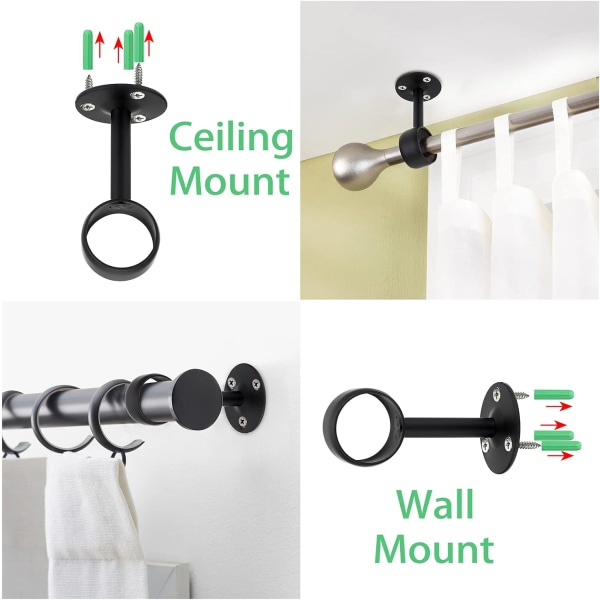 8PCS Ceiling Mount Curtain Rod Brackets 1-1/4 Inch Window Curtain Rod Holders, Black Wall Mount Hanging Curtain Rod Holders Closet Wardrobe