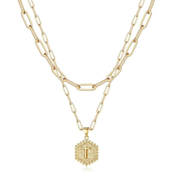 Fina flerskiktade halsband med initialer för kvinnor, trendiga, 14K äkta guldpläterade kedjor med pappersklämma, söta hexagonala bokstavsberlocker, initialhalsband