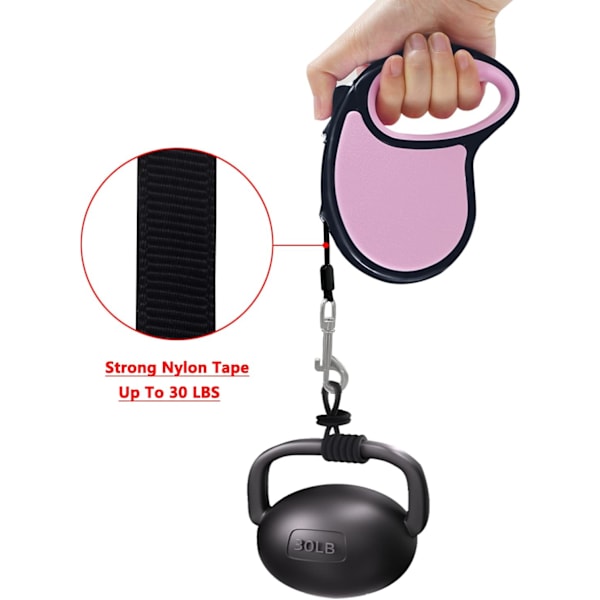 Indtrækkelig hundeline, 16 fod [stærk nylonrem] 360° tangle-fri til små og mellemstore hunde op til 30 pund, enhåndsbremse, pause, lås (pink)