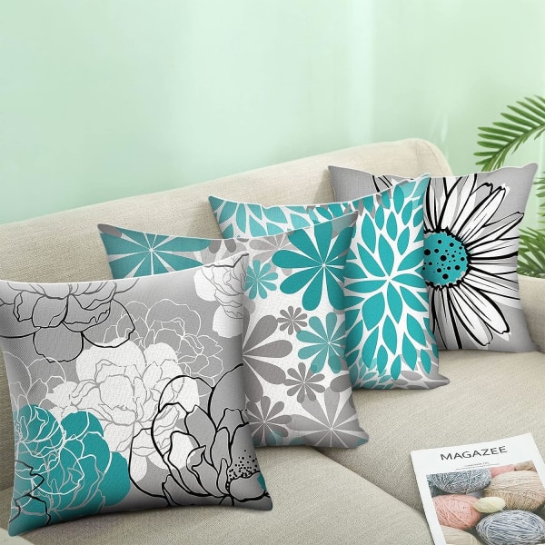 Blågröna kuddfodral 18x18 set om 4 turkosa och gråa dekorativa cover för soffa Modernt Daisy case, grönt, 18″×18″