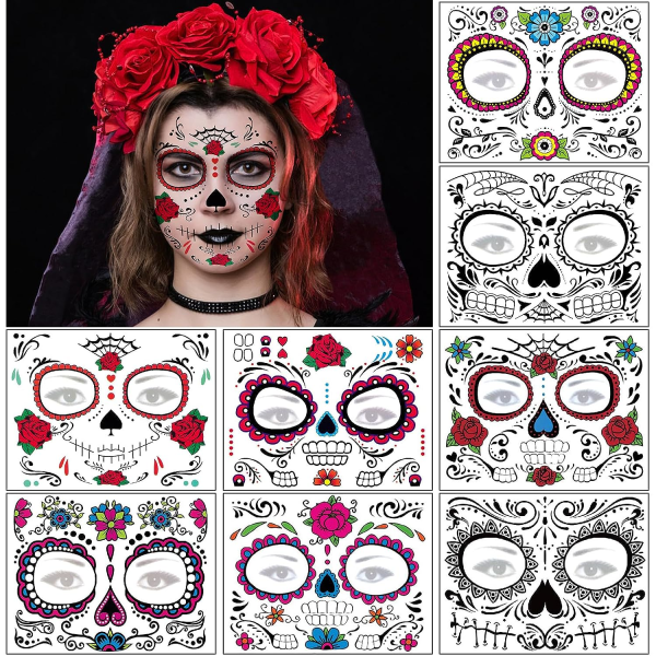 Day of the Dead Face Tattoos - 8 ark Halloween Temporary Tattoos Face Stickers Kit Día de Los Muertos Glitter Red