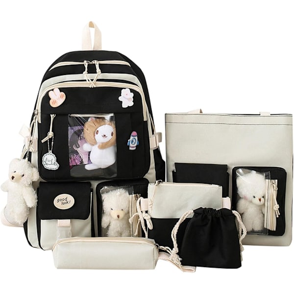 5 stk. Kawaii Rygsæk Casual Tasker Søde Æstetiske Rygsække med Tote Håndtaske Blyant Pen Etui Pung, med Søde Bjørn Vedhæng Pins (Sort)