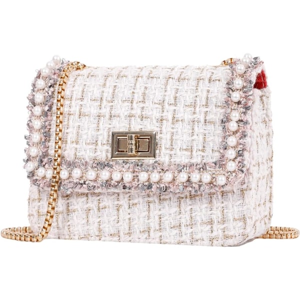 Handväska och handväskor för kvinnor Mode Tweed Pearl Top Handtag Satchel Shoulder Tote pärlkedja Crossbody Clutch Bag