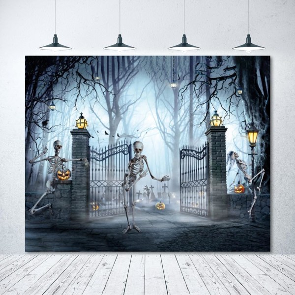 Halloween Bakgrunn Skummel Spøkelsesaktig Kirkegård Skjelett Gresskar Hallowmas Fotografering Bakgrunn Forferdelig Natt Hodeskalle Skrekk Skog Kirkegård 7x5ft