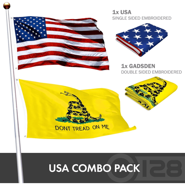 Combo Pack: USA American Flag 3x5 Ft Embroidered Stars & Gadsden (Dont Tread On Me) Flag 3x5 Ft Embroidered Double Sided 3ply