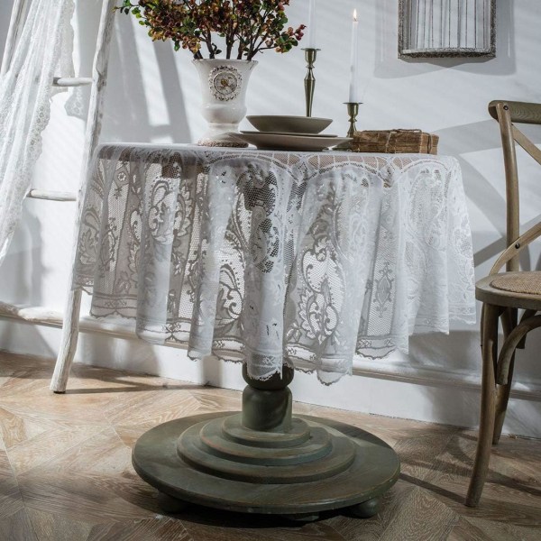 Spets Elegant rund bordsduk Vintage broderad spetsöverdrag för fest bröllop Kök Matsal Hemdekorationer (vit, diameter 60")