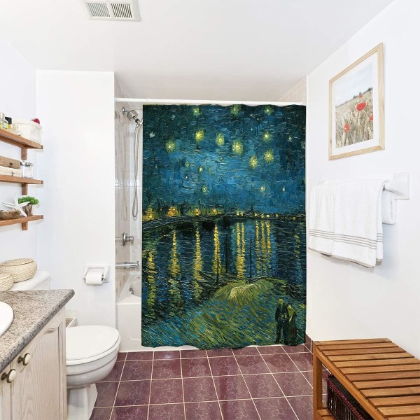 Duschdraperi Van Gogh Starry Night Over The Rhone Gardiner i polyestertyg Set med 12 delar krokar 60" x 72"