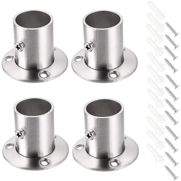 4-pack rostfria stångfästen, flänsstångshållare, väggmonterat rörfäste med skruvar för garderob, dusch (passar 25 mm / 1 tum) (silverfärg)