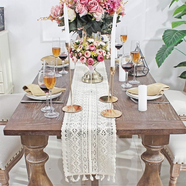 Beige Bordløber Rektangulær Hæklet Blonder Elegant Hulmønstret Dug til Rustik Boho Bryllup, Bordplade Dekoration