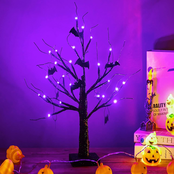 Halloween-træ, sort uhyggeligt træ med 24 lilla LED-lys og 10 flagermus-pynt, batteridrevet 18 tommer oplyst Halloween Bonsai-træ