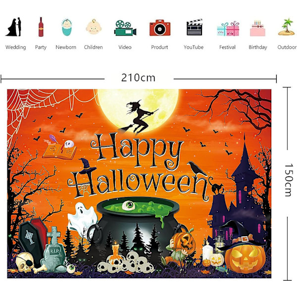 7x5FT Halloween-taustakangas Oranssilla Onnellinen Halloween-tekstillä Valokuvaustaustakangas Kurpitsalyhtytaustakangas Halloween-haamu Noita Linna Dekor