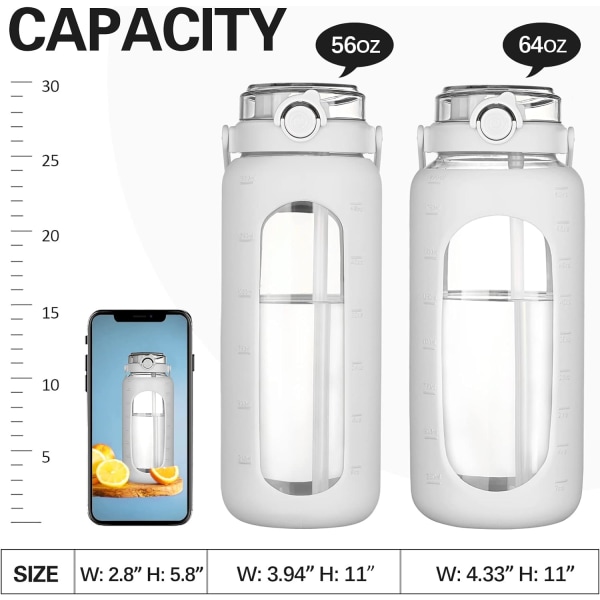 64oz Glass Vannflasker med Sugerør Tidsmarkør Halv Gallon Stor Motivasjons Vannflaske med Silikonhylse 2L Stor Mugge Hvit