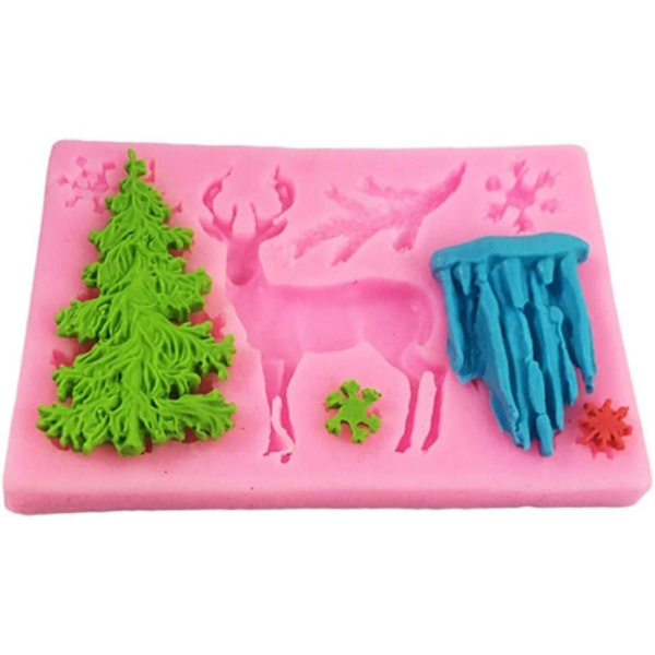 Silikone kageform julehjorte elg juletræ snefnug fondant chokoladeform kage wienerbrød bageform juledekoration (Pink)