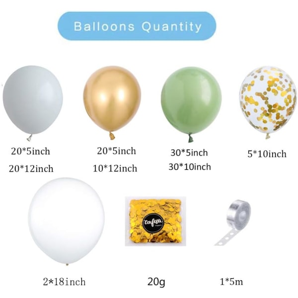 137PCS Salviegrønn Ballongbue Girlandersett Hvit Gull Konfettilonger Retro Grønn Ballong og Gull Metallisk Krom Latexballonger Sett