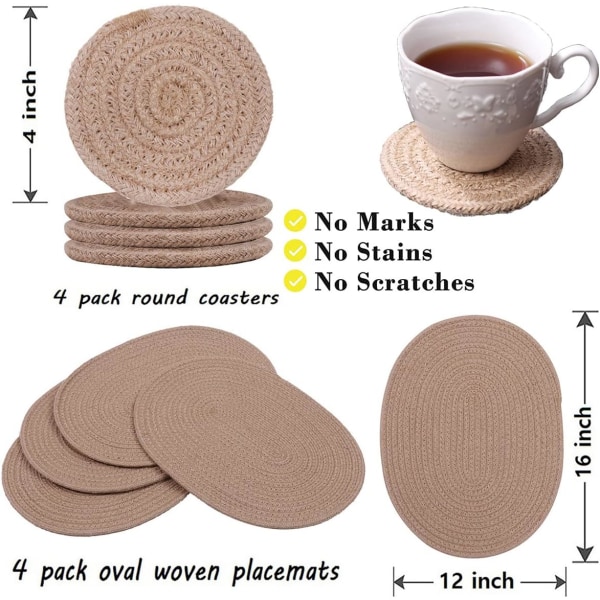 4 Pack Oval Jute Woven Placemats and Set of 4 Round Fabric Coasters, Cotton Braided Placemats Set, 12 * 16'' Washable Place Mats