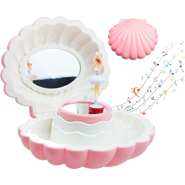 Shell Ballerina Musical Box, Rosa Wind Up Musical Box för flickor födelsedagspresent, klassisk retro melodi, prydnadssak smyckeskrin med spegel