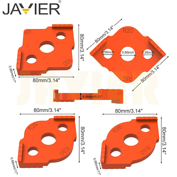 4-delt radius jig router mal for trebearbeidingsverktøy, høy hardhet ABS + CNC router jig mal vinkel T10 T15 T20 T25 T30 T35 T40