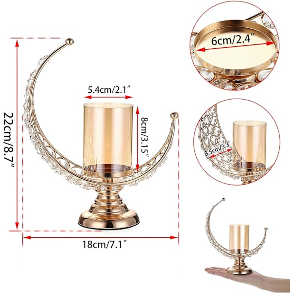 Måneformad kristallpelare ljusstake Tealight hållare med glaslock, metall kristall måne pelare ljusstativ Votive(Guld)