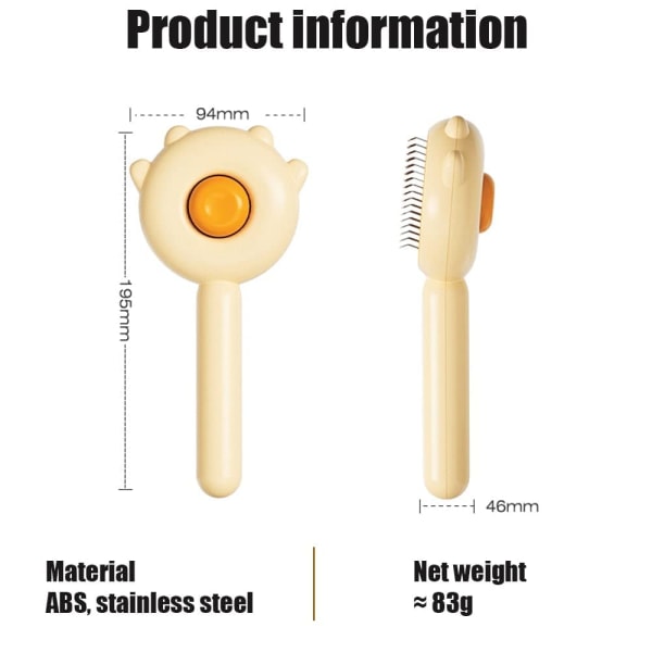 Magisk kjæledyrkam, rensebørste for kjæledyrhår, pleiebørste for katt med utløserknapp, kattebørste, selvrensende glattkam (gul)