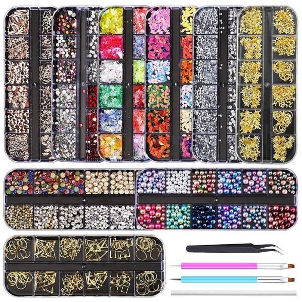 9 lådor Nail Rhinestones, Nail Gems Nail Diamonds, Nail Art Studs Nail Crystals Nagelpaljetter för naglar Kit