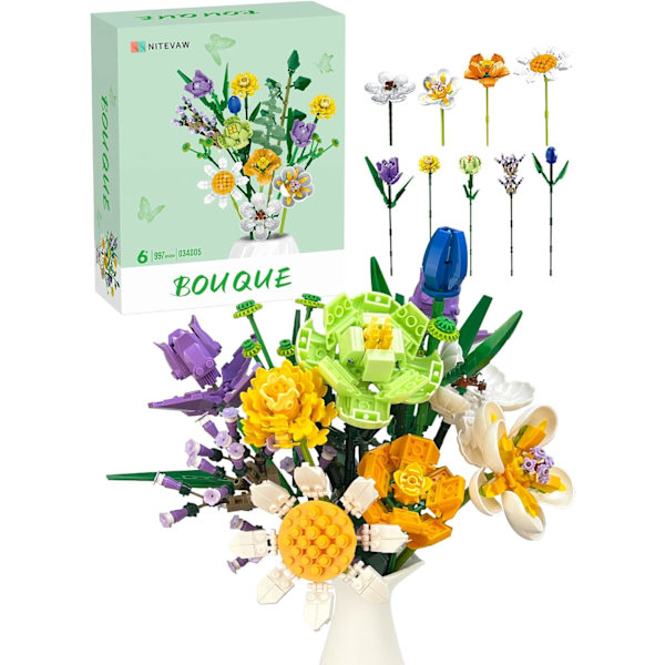 Blombukett Byggsatser Blomster Byggklossar Set för Vuxna och Barn 997 Pcs Konstgjord Blomster Byggsats för Mamma Hem