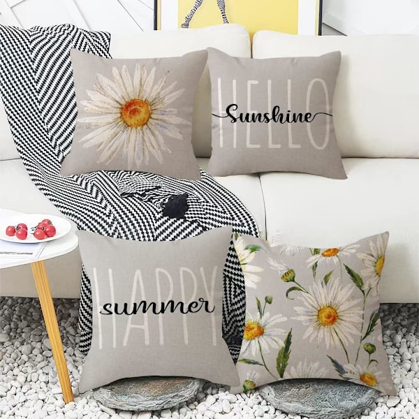 Sommerputetrekk 18x18 Sett med 4 Gårdshus Pynteputer i Lin Blomstermønster Dekorativt Putetrekk for Sofa Seng Utendørs (18\" x 18\", Grå)