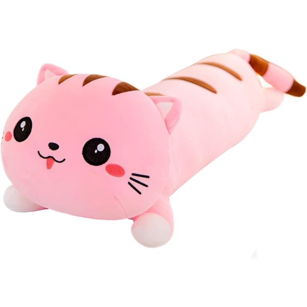 Söt lång kattplyschkudde - Mjuk kattuppstoppad djurkroppskudde för barn och flickvän, plyschleksak för kattungar för sömn och inredning (rosa, 20 tum/50 cm)
