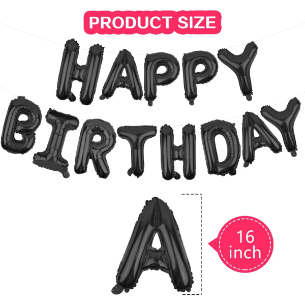 Happy Birthday Balloon Banner Black 40.64 cm Mylar Aluminum Foil Letters | Inflatable Party Decorations and Adult Event Decorations | Reusable