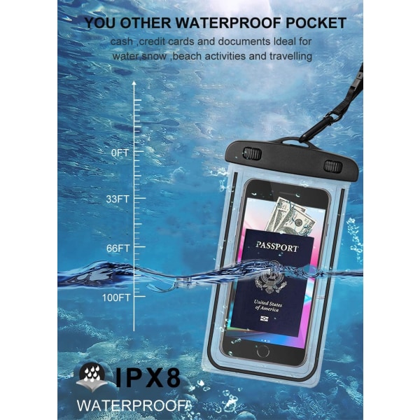 Universal vedenpitävä puhelintasku, 2 pakkausta iso vedenpitävä phone case iPhone 12/12 Pro Max/11/11 Pro/Se/Xs Max/Xr Galaxy Jopa 6,5"